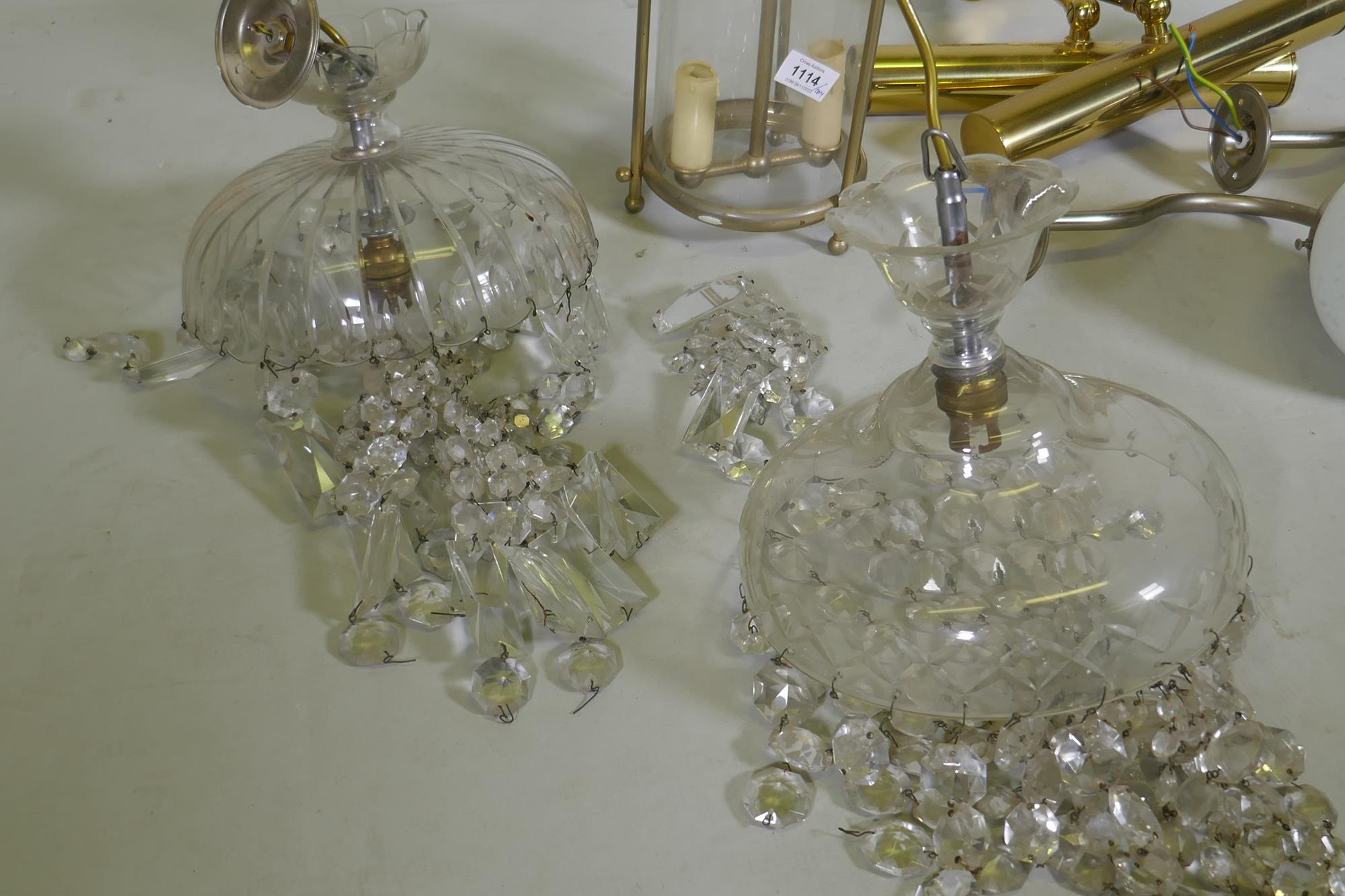 A pair of etched globe wall lights, a ceiling lantern, 35cm high, a pair of picture lights and two - Image 2 of 6