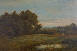 Landscape with haymakers, unsigned, C19th, oil on canvas in a good gilt frame, 81 x 51cm