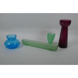 Two Bagley uranium glass flower vases and two vintage coloured glass bulb vases, largest 22cm