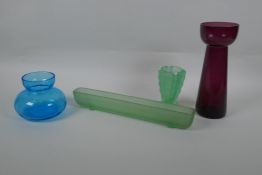 Two Bagley uranium glass flower vases and two vintage coloured glass bulb vases, largest 22cm