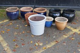 Nine ceramic and terracotta garden jardinieres, including Heritage Garden Pottery, 38cm high