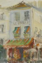 A French street scene with figures by a restaurant, oil on board, signed indistinctly, mid C20th, 15