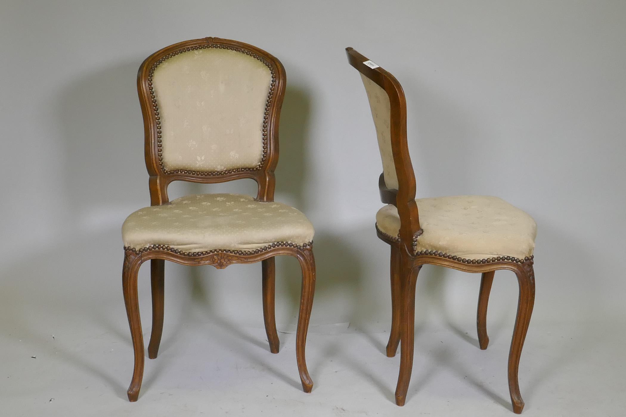 A pair of C19th French beechwood side chairs with carved decoration and brass stud detail - Image 3 of 3