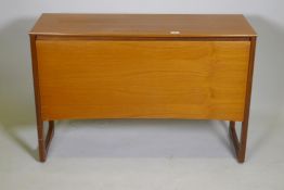 A mid century teak vinyl record cabinet with fall front and record dividers, 107 x 37cm, 72cm high