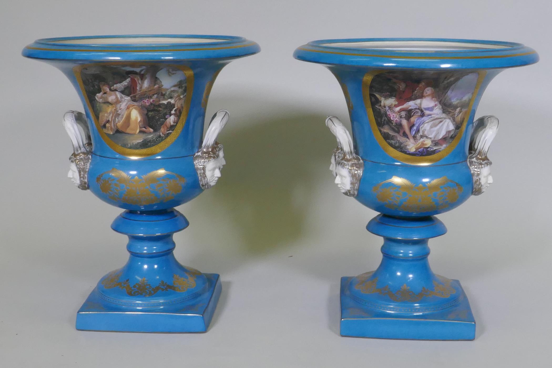A pair of Sevres style continental porcelain vase decorated with courting couples, on a blue ground, - Image 2 of 5