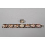 An antique silver cameo bracelet with Greco Roman decorative panels, and a matching ring, size L/M