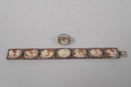 An antique silver cameo bracelet with Greco Roman decorative panels, and a matching ring, size L/M