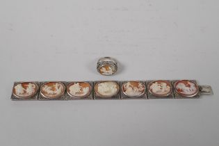 An antique silver cameo bracelet with Greco Roman decorative panels, and a matching ring, size L/M