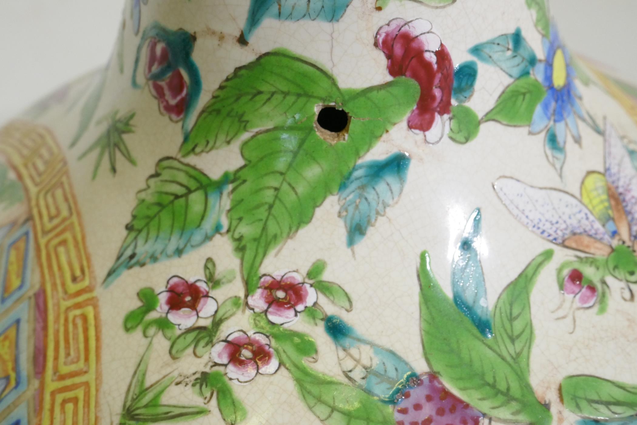 A Cantonese ceramic vase with famille rose decoration, drilled to side, chip to rim, probably - Image 9 of 11