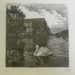 Diana Bloomfield, Swan & Factory, 14/24 wood engraving, monogram, labelled verso, 11 x 11cm