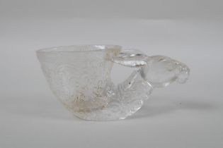 A Chinese moulded glass libation cup in the form of a deer's head, 15cm long