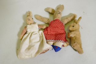 Three vintage plush bunny rabbits, one with cotton tail, 30cm high