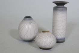 David J. White, studio pottery vase with crackle glaze, 18cm high, and two smaller