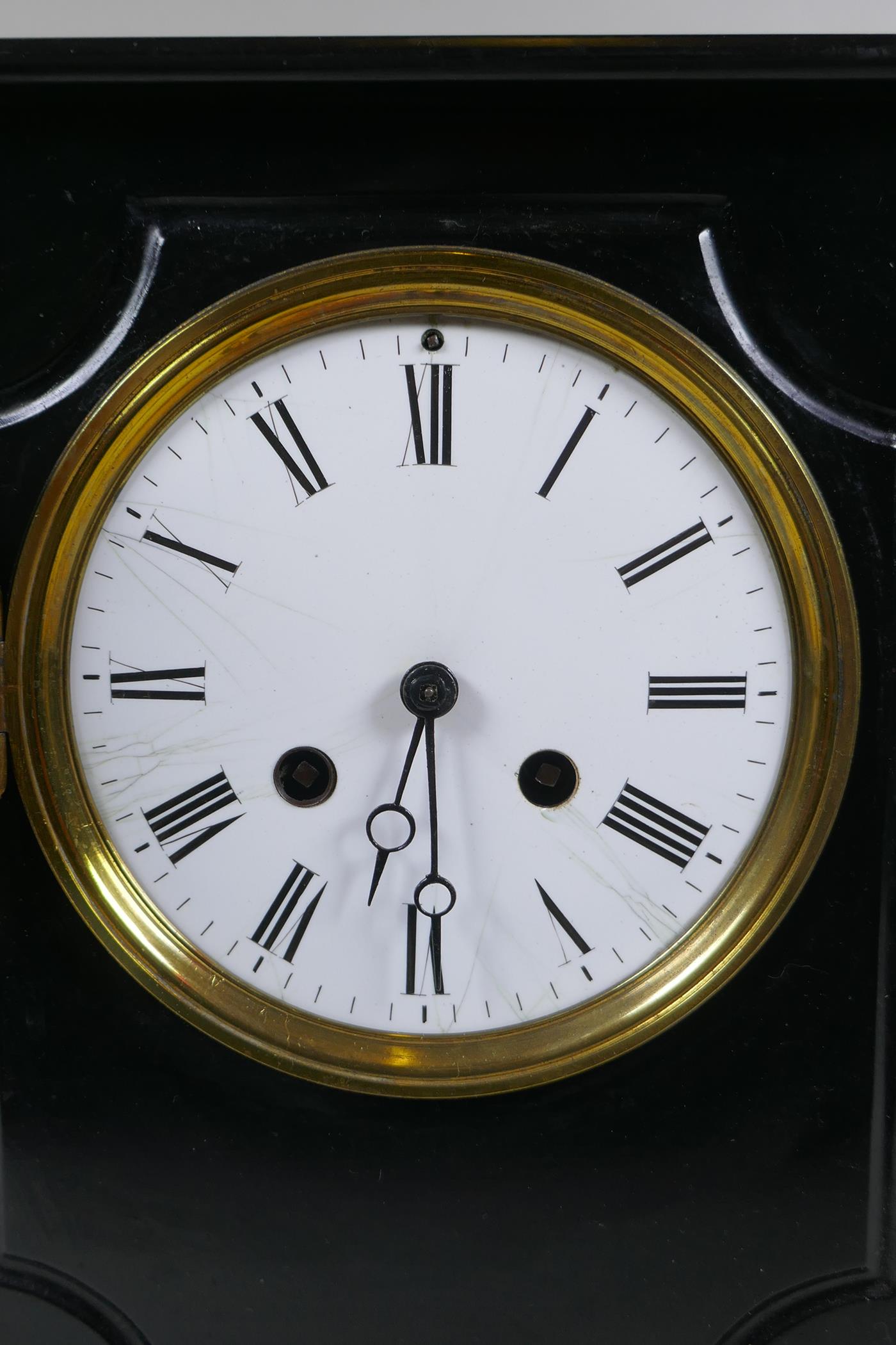 A late C19th French slate mantel clock, with an enamel dial and Roman numerals, the movement - Image 2 of 4