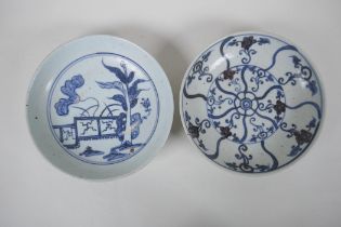 A Chinese blue and white porcelain dish with ornamental garden decoration, and another, 21cm