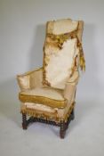 A country house high back throne style chair, labelled White Allom & Co, London, Montreal, New York