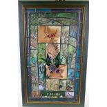 A stained glass artwork panel decorated with birds, monogrammed PM, 42 x 68cm