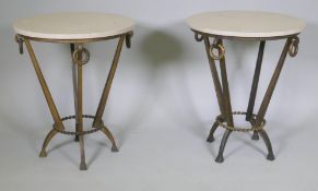 A pair of Maison Jansen style side tables with travertine marble tops and bronzed metal bases,