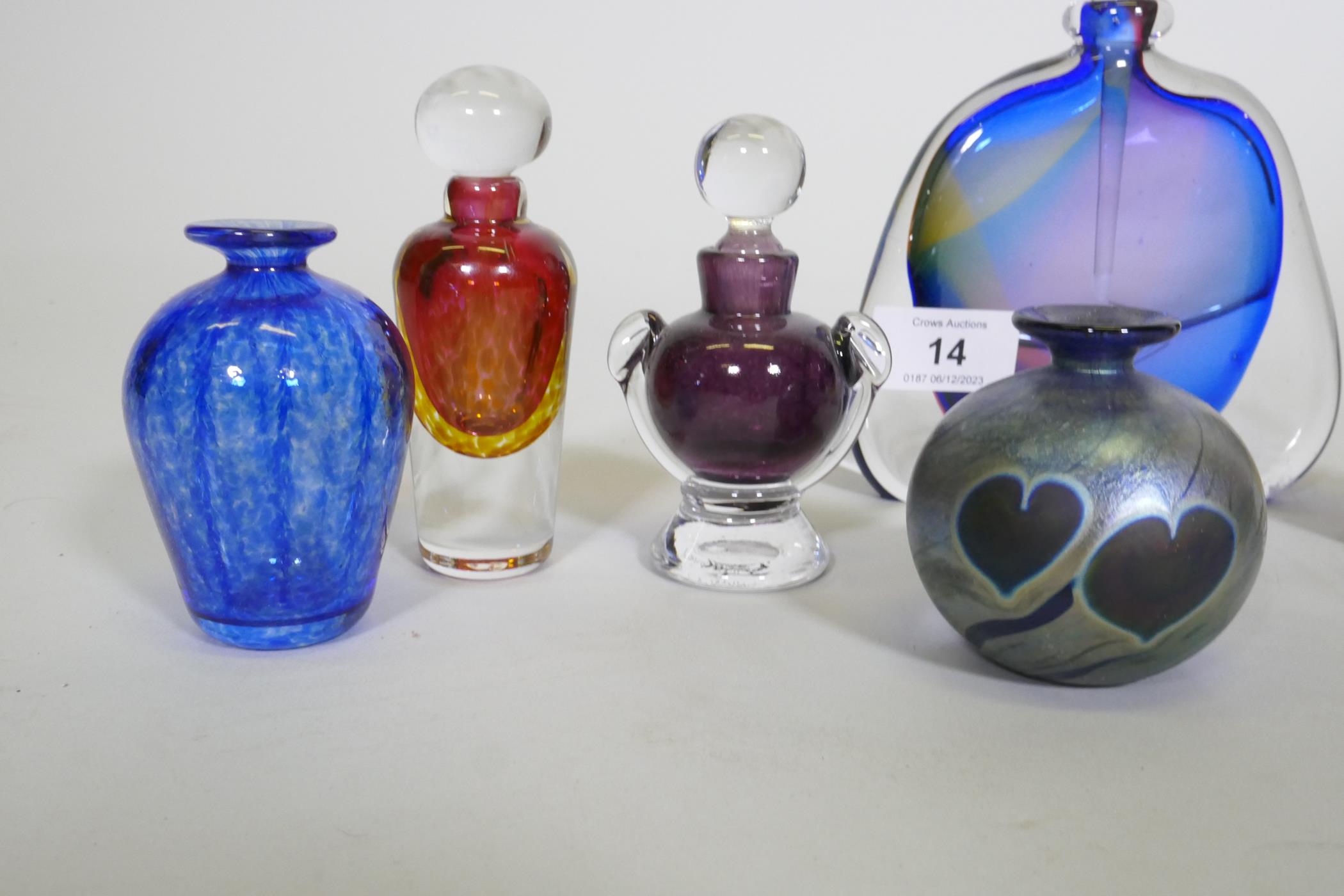 A collection of scent bottles, David Wallace, urn shaped bottle, squat blue bottle, Keith Bowlby (no - Image 3 of 5