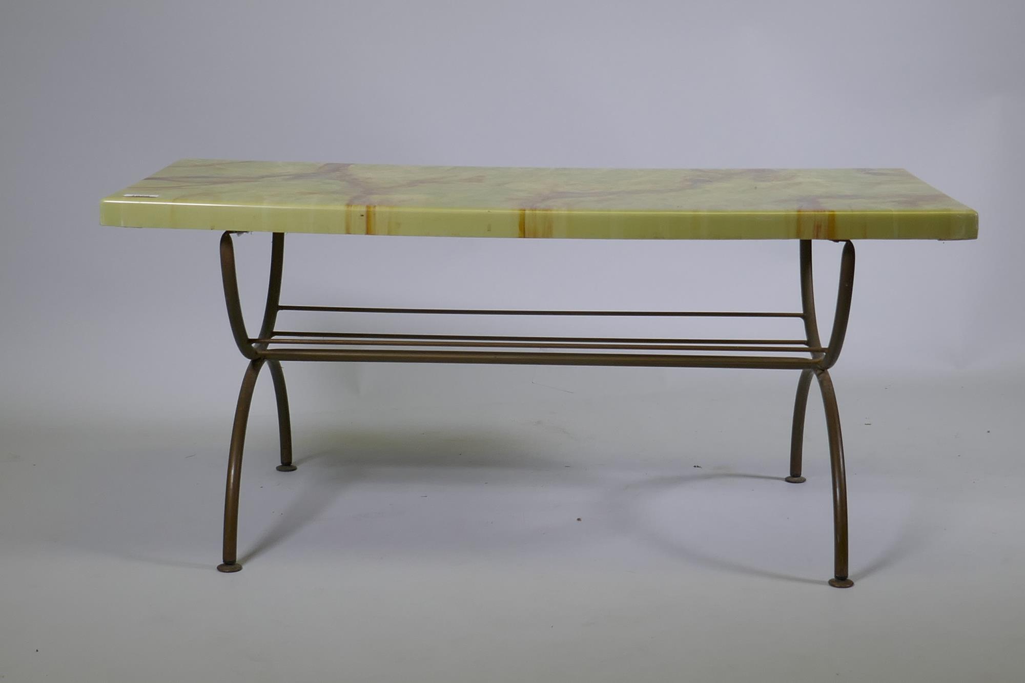 A vintage brass and simulated onyx coffee table, 98 x 44cm, 44cm high - Image 3 of 4