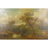 Landscape with cattle watering, unsigned, oil on canvas, re-lined, in a gilt frame, 126 x 76cm