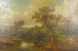 Landscape with cattle watering, unsigned, oil on canvas, re-lined, in a gilt frame, 126 x 76cm