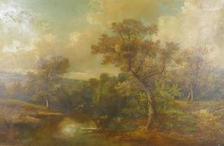 Landscape with cattle watering, unsigned, oil on canvas, re-lined, in a gilt frame, 126 x 76cm