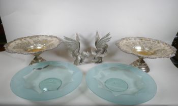 A pair of Victorian Walker and Hall silver plated tazza, and a pair of silver plated fighting cocks,