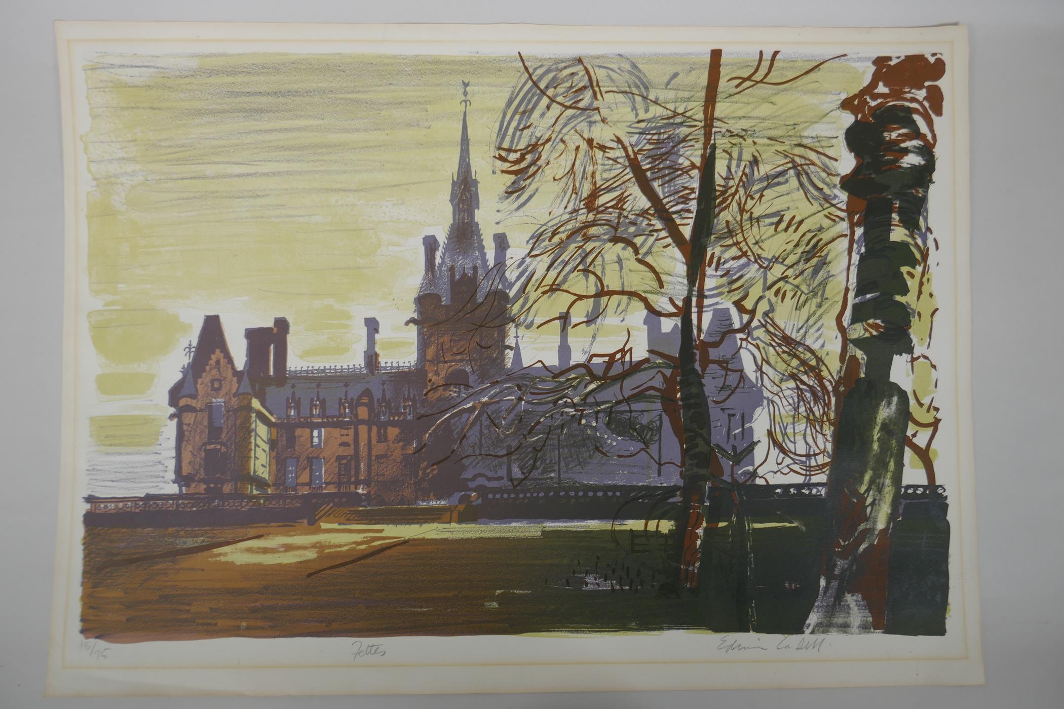 'Fettes', signed Edwin Ladell, and a wooded path by dwellings, signed J. Ramsden, both unframed - Image 2 of 8