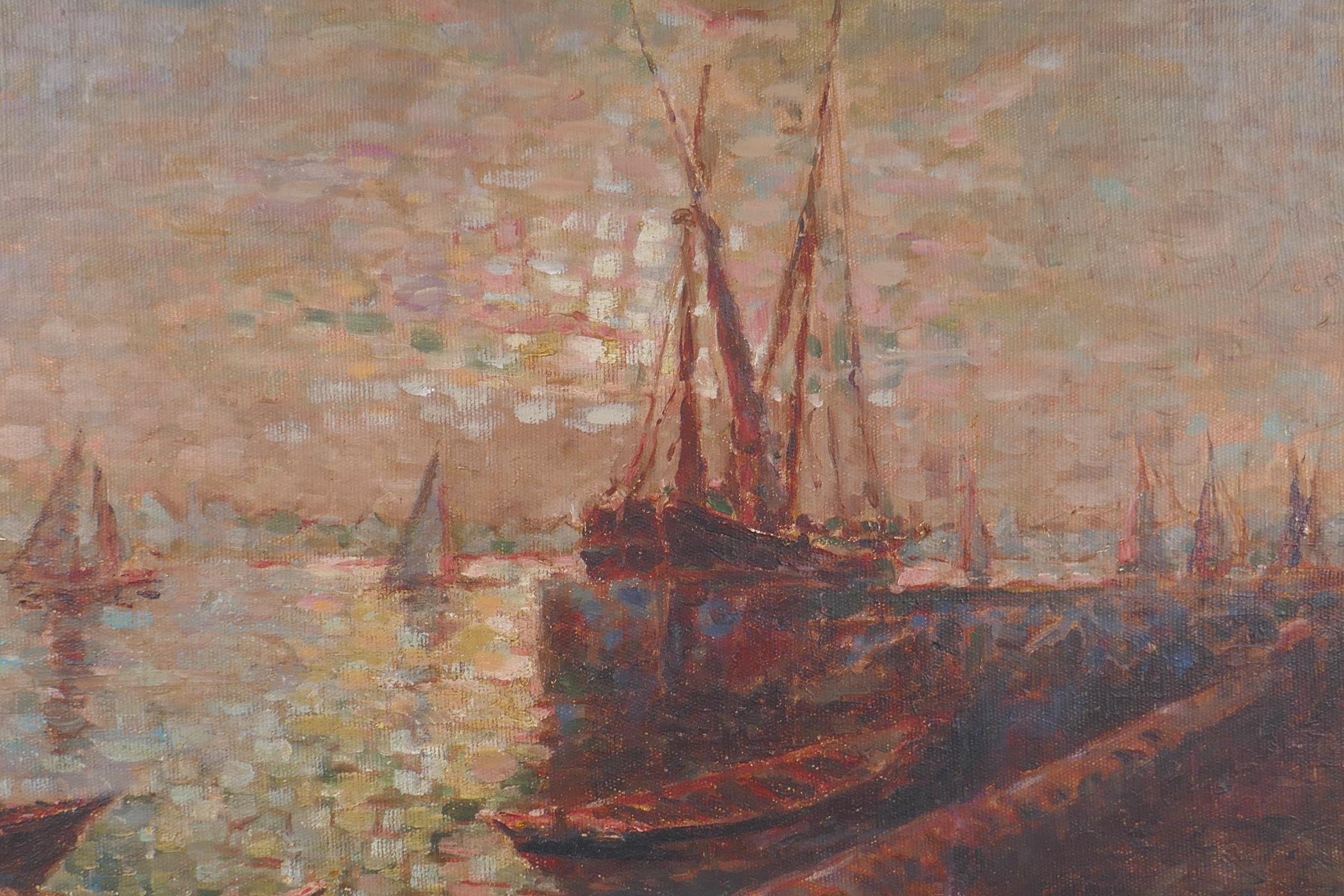 Mary Anderson, (American), boats in a harbour at sunset, signed, oil on canvas, 39 x 49cm