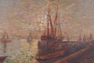 Mary Anderson, (American), boats in a harbour at sunset, signed, oil on canvas, 39 x 49cm