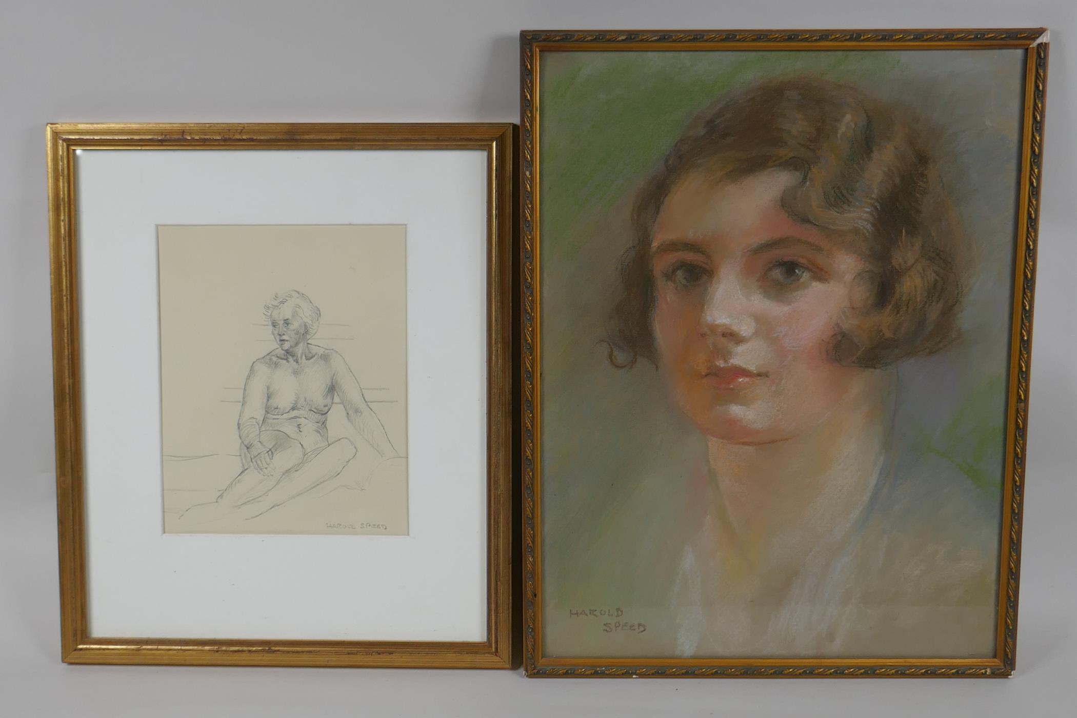 Harold Speed, portrait of a young lady, signed, coloured chalk drawing, and a female figure study by
