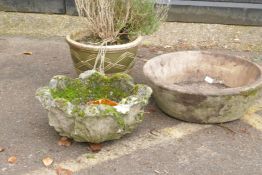 A planter, a garden urn, AF, and reconstituted stone bowl, 60cm diameter
