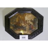 An antique painting on ceramic tile, depicting Tobias and the Angel, in an ebonised wood frame,