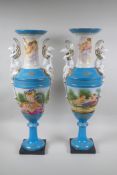 A pair of Sevres style continental porcelain urns with griffin handles and putti decoration, 62cm
