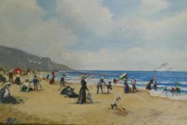 C19th beach scene in the style of Boudin, monogram RD, Roland Doemest ?, oil on canvas board, 24 x