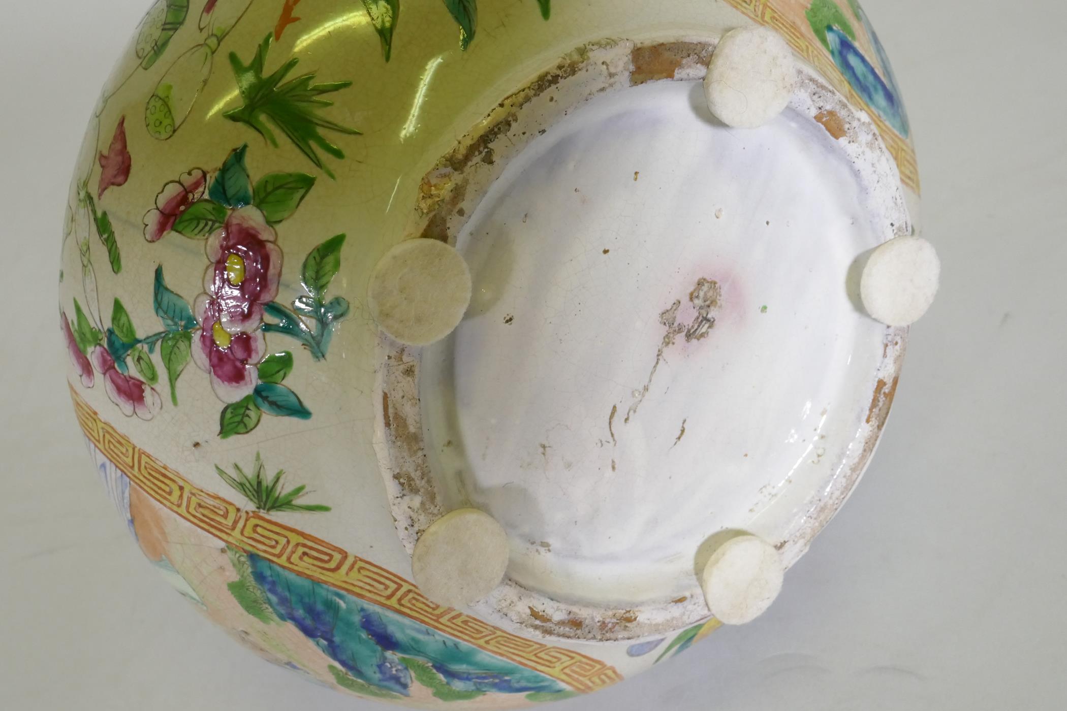 A Cantonese ceramic vase with famille rose decoration, drilled to side, chip to rim, probably - Image 10 of 11