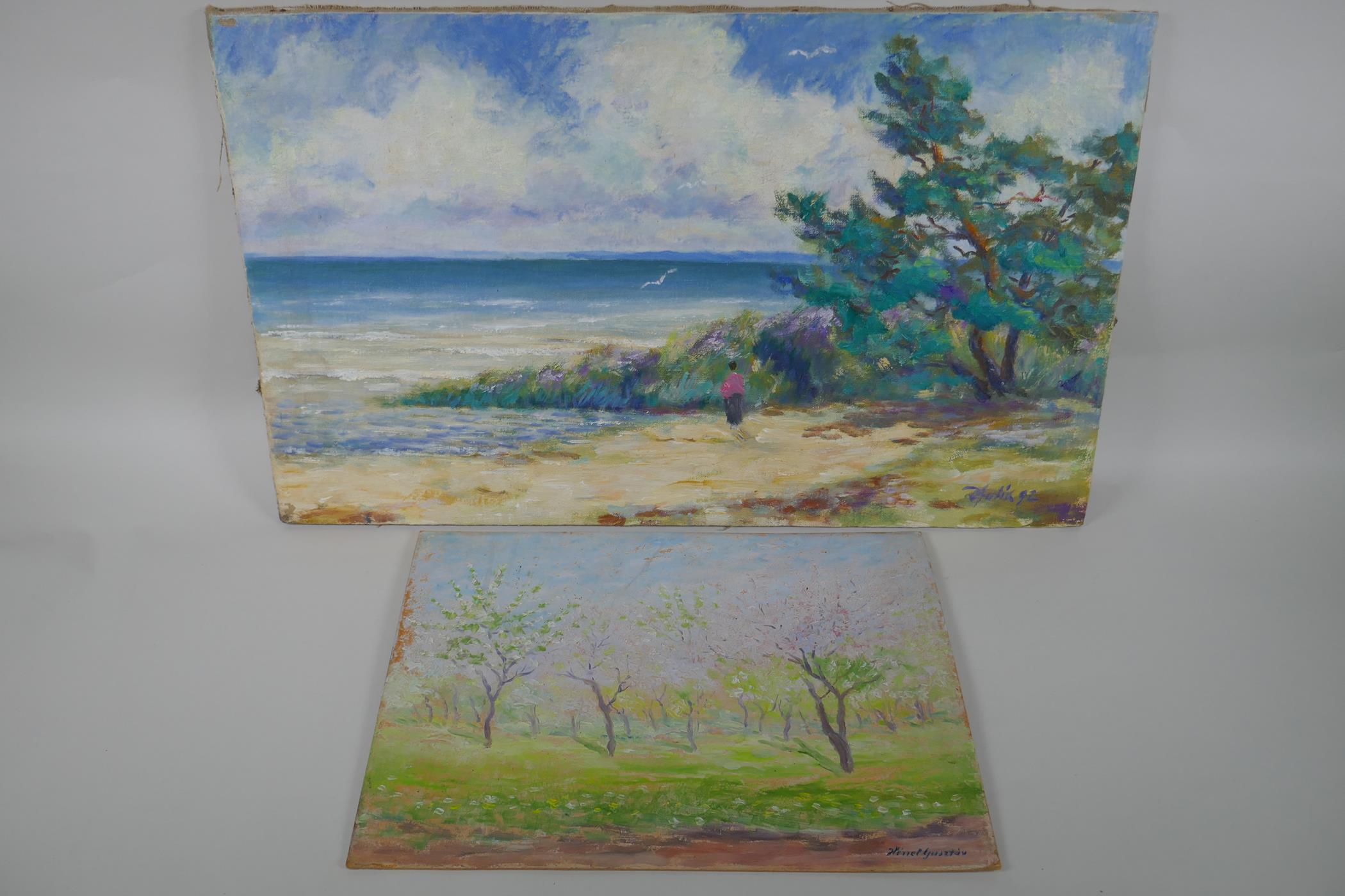 Coastal landscape, signed Viktor Aulik, and a view of an orchard in spring, signed Guszstav Henel,