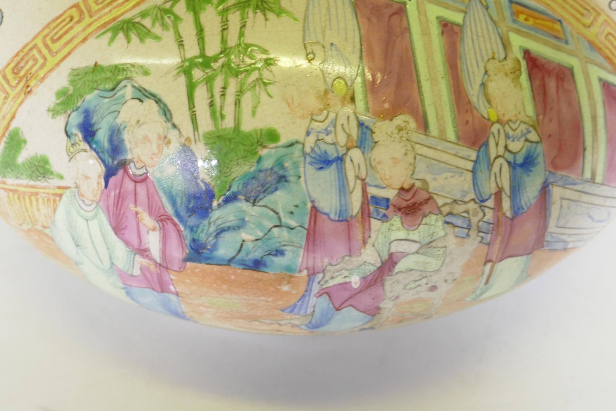 A Cantonese ceramic vase with famille rose decoration, drilled to side, chip to rim, probably - Image 6 of 11