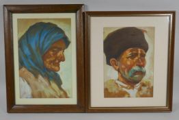 A pair of portraits of an Eastern European  lady and gentleman, watercolour and gouache,