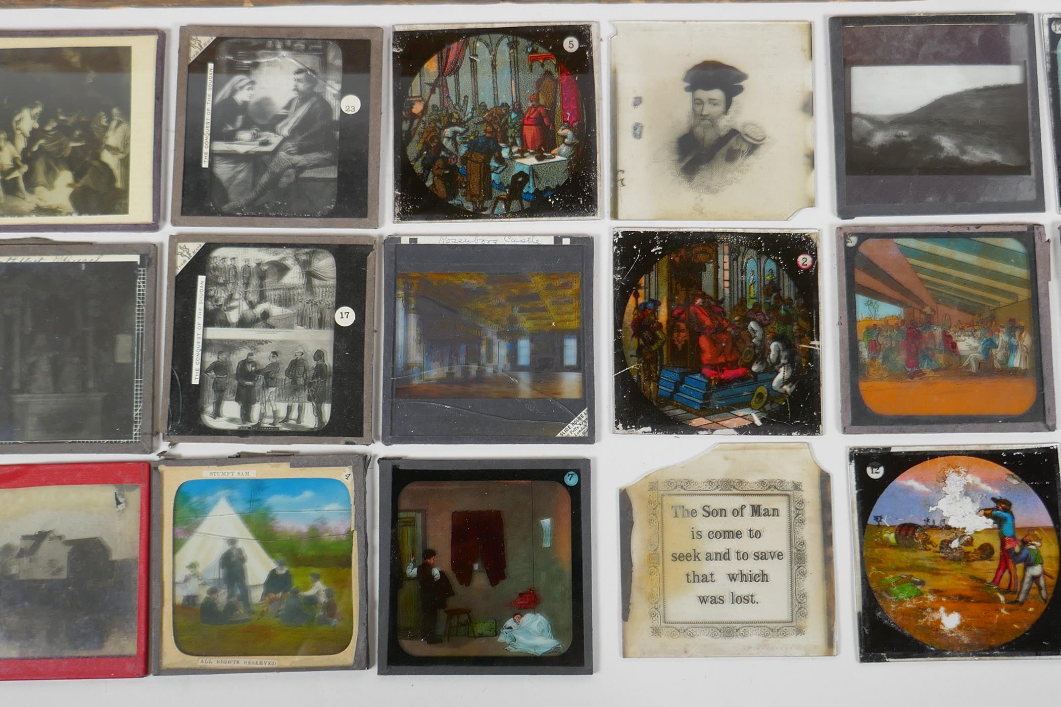 A quantity of antique assorted magic lantern slides depicting the Conquest of the Sudan, religious - Image 3 of 7