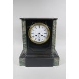 A late C19th French slate mantel clock, with an enamel dial and Roman numerals, the movement