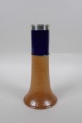 An antique Doulton Lambeth vase with blue glazed band and a hallmarked silver collar, (London, 1915)