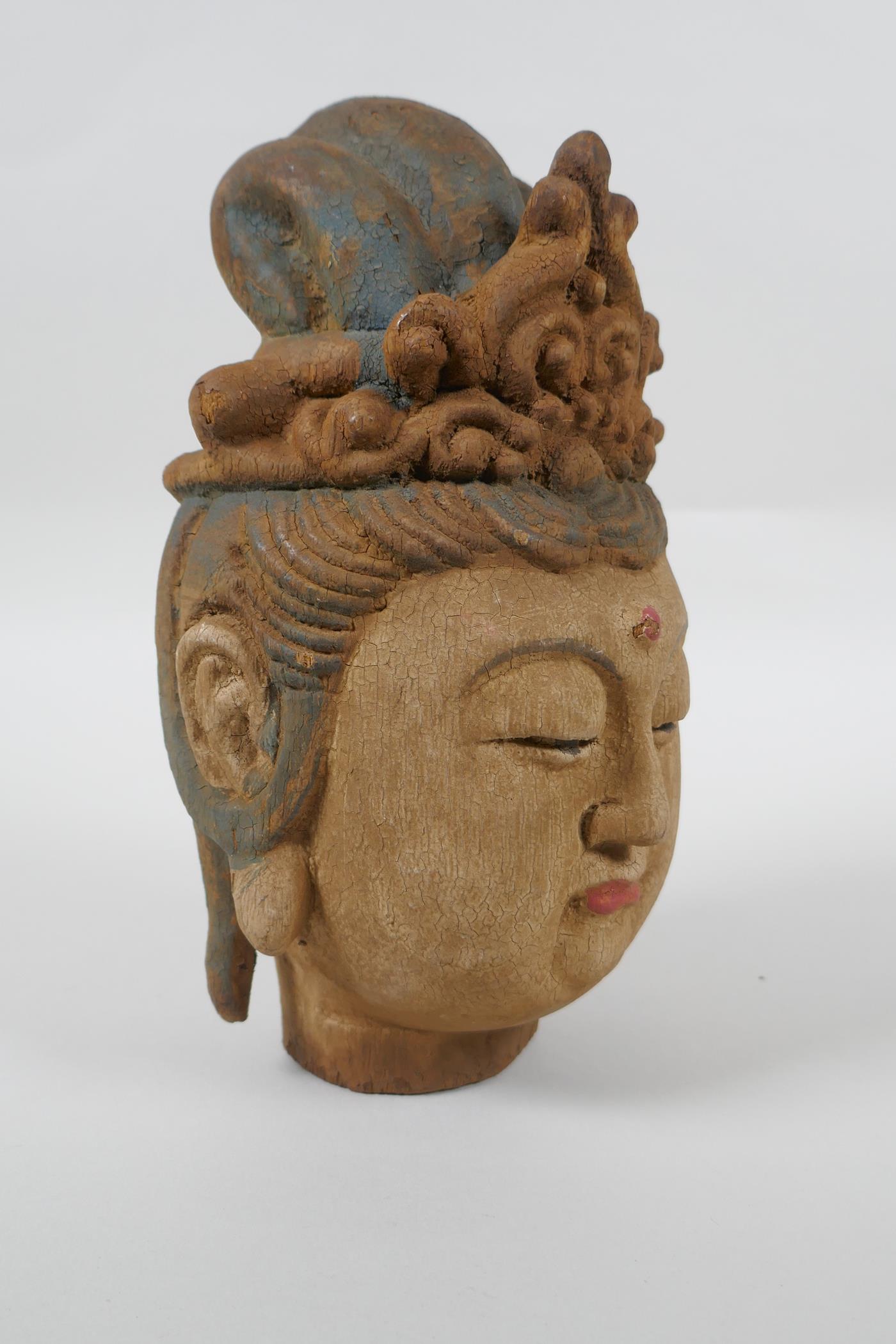 A Chinese carved, painted and distressed wood Quan Yin bust, 22cm high - Image 4 of 4