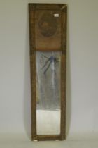 A late C19th/early C20th French trumeau mirror with inset engraving, 133 x 35cm