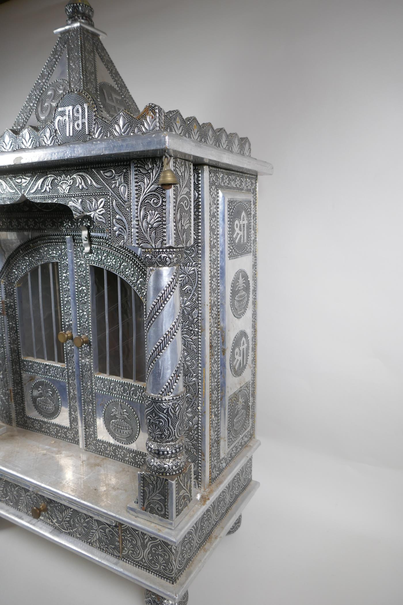 An Indian white metal veneered wooden table top shrine, 46 x 26cm, 82cm high - Image 3 of 4