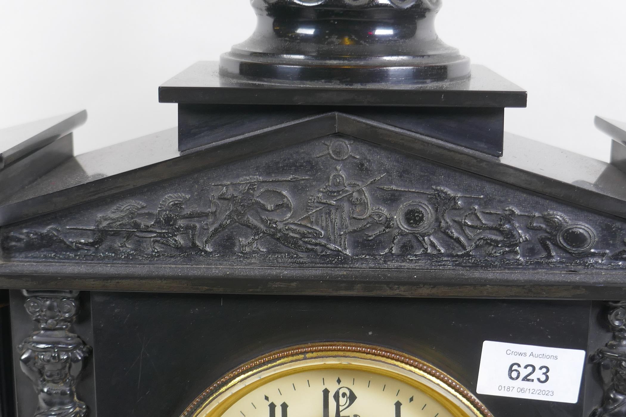 A C19th slate mantel clock of classical form, with carved decoration to the pediment and brass - Image 2 of 4