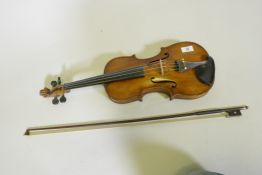 Early C20th full size violin stamped Hopf, with two piece back, 35.5cm long without button, and a