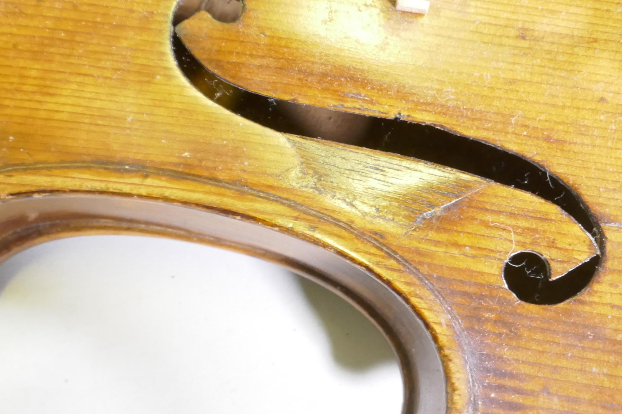 Early C20th full size violin stamped Hopf, with two piece back, 35.5cm long without button, and a - Image 11 of 11
