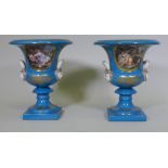 A pair of Sevres style continental porcelain vase decorated with courting couples, on a blue ground,